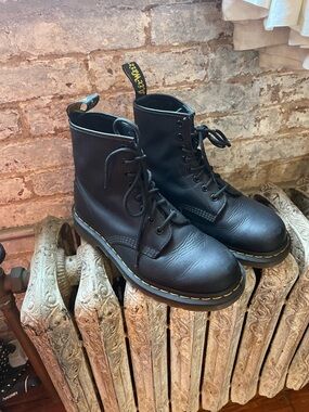 Dr. Martens Black Leather 8-Eye Lace-Up Boots with Yellow Stitching